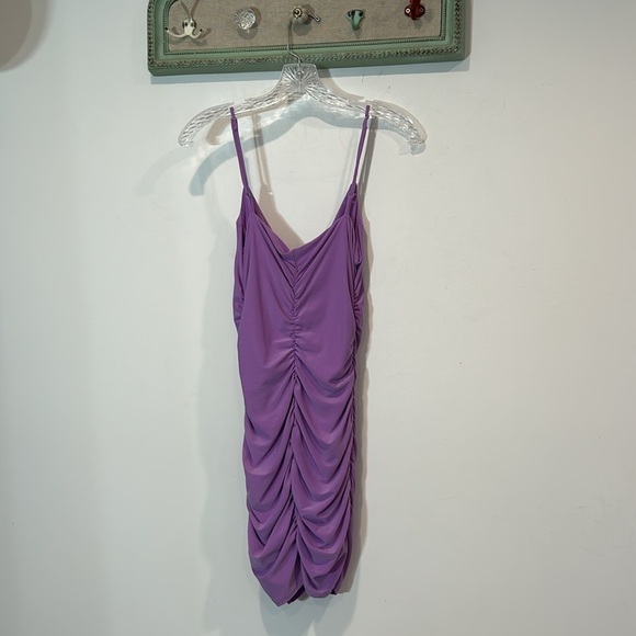 Jump Spaghetti-Strap V Neck Ruched lavender Knit Mini Bodycon Dress medium nwot - Picture 5 of 5